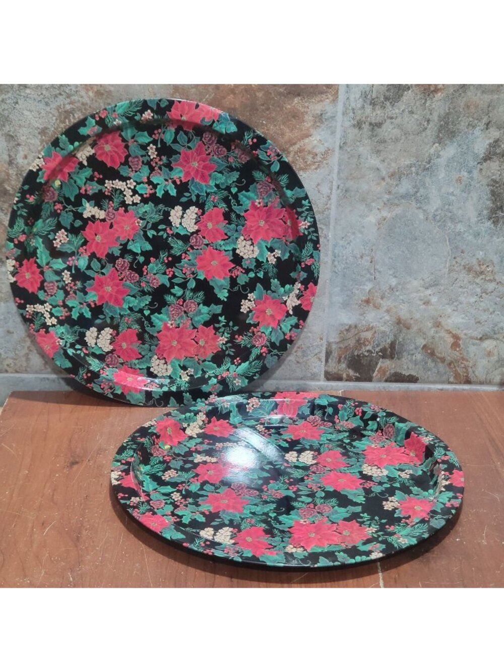 Vintage Round Serving Trays Poinsettia Greenery Floral Black Background